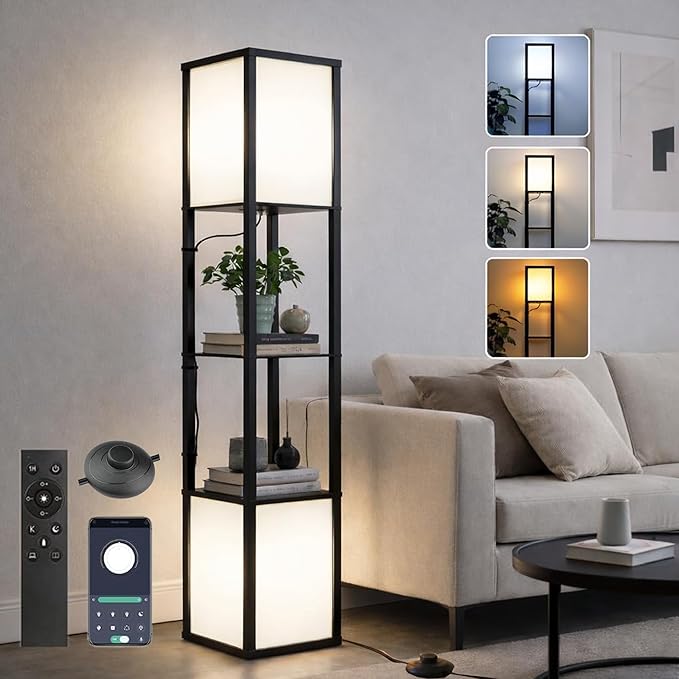 Black Floor Lamp with Shelves/Remote/App Control, Dimmable Led Standing Corner Display Bookshelf Lamp,Color Changing Temps,Floor Lamps for Living Room,Bedroom,Office (FL2L)