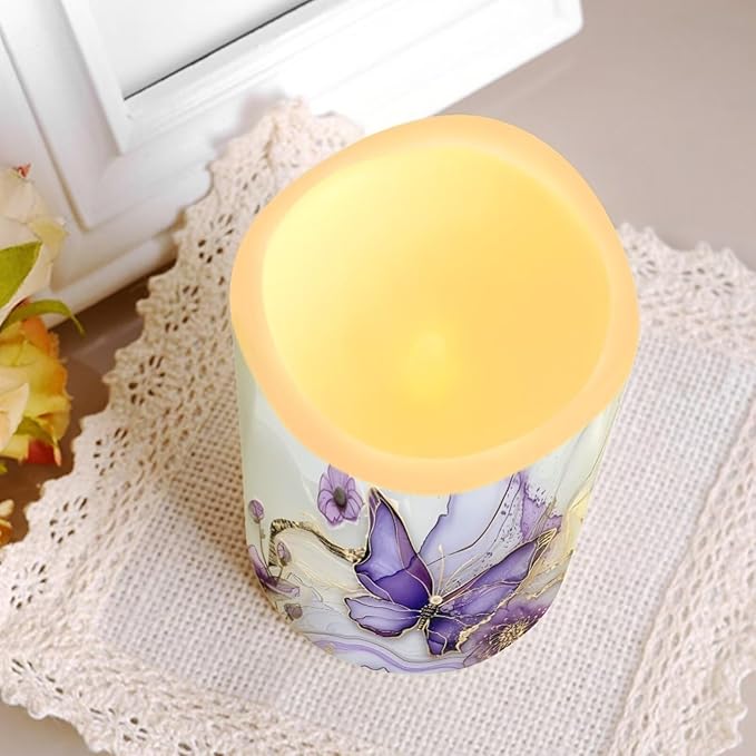 Purple Butterfly LED Pillar Candles Bulk Set of 4 with Timer Remote Color Changing Electric Fake Candles for Home Decorations