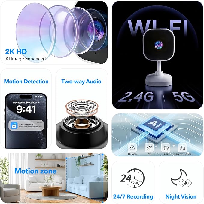2K Cameras for Home Security Dual-Band 5G/2.4GHz WiFi Indoor Camera Baby Monitor & Pet Camera for Dog Cat Elder AI Motion Detect 2-Way Audio Night Vision 24/7 Local Recording SD Cloud Storage 4 Pack