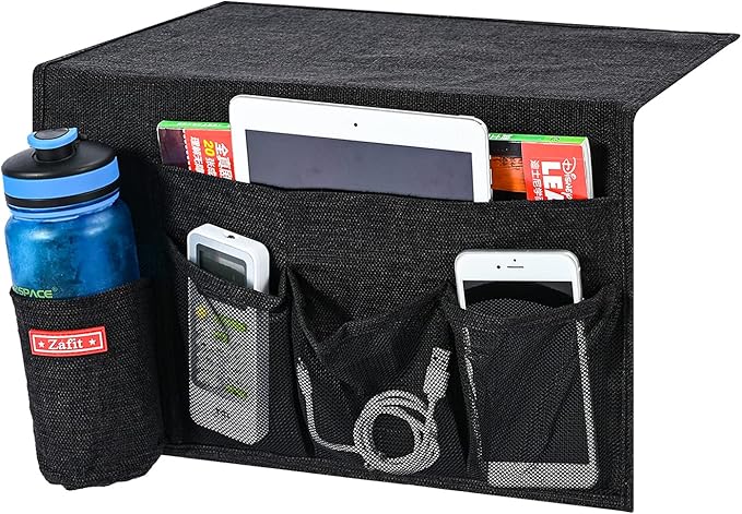 Linen 5 Pockets Bedside Caddy, Bedside Storage Organizer with Water Bottle Holder for Magazine, Remotes, Phone (Black)