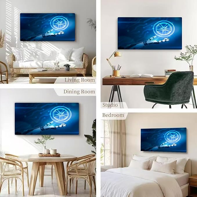 Wibinuki Wall Art Wall Decor Wall Paintings Robotic hand car wheel tyre on neon blue for Living Room Bedroom Bathroom Home Decor Can Be Hung Directly 20"x 40"