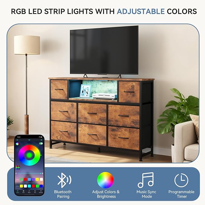 DUMOS TV Stand Dresser with 8 Fabric Drawers and Open Shelves, LED Entertainment Center with Charging Station, Wood Top Media Console for 45-55 inch, Bedroom, Rustic Brown