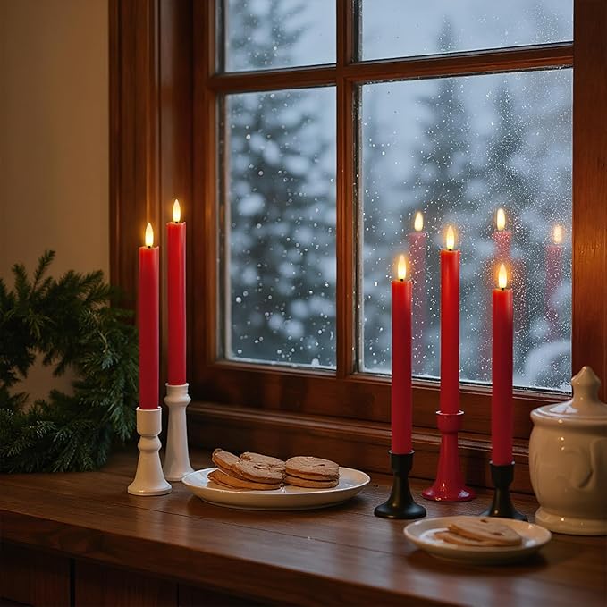 GenSwin Red Flameless Taper Candles with Remote, Real Wax Taper Candles Battery Operated, LED Flameless Candlesticks with 3D Wick for Home Halloween Christmas Holiday Decor(Set of 3, 0.78” x 9.6”)