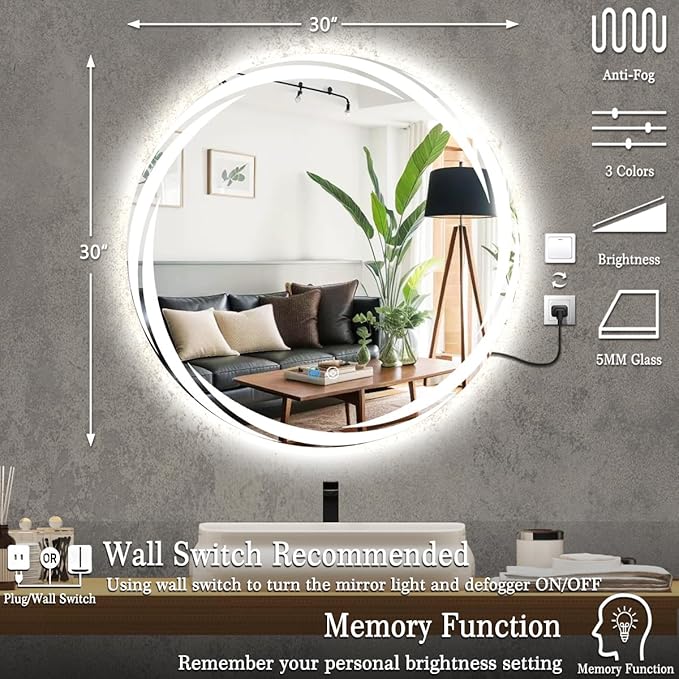 30 Inch Whirlwind Round LED Mirror with Backlit Round Lighted Vanity Mirror for Bathroom Wall Mounted 30 Inch LED Circle Mirrors with Lights Smart Memory 3 Color Dimmable AntiFog