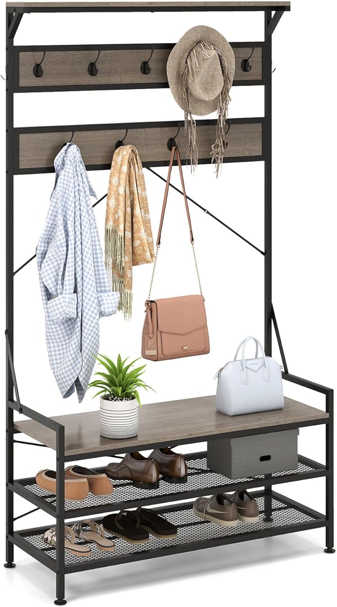 Giantex 4-in-1 Hall Tree with Bench and Shoe Storage, 72.5" Freestanding Coat Rack with Shoe Bench, 11 Hanging Hooks, Anti-Tipping Kits, Metal Mudroom Storage Organizer for Entryway, Hallway, Grey