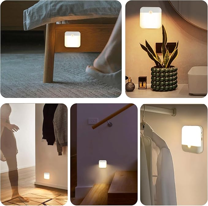 4 Pack Motion Sensor Night Light, Rechargeable Battery Night Lights Warm White, Portable Mini Motion Activated Night Light for Wall, Hallway, Kids Room, Stairway, Cabinet