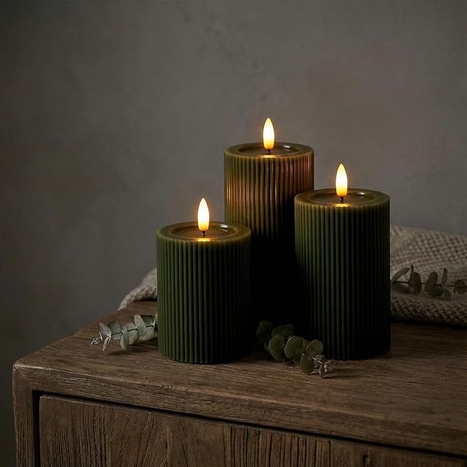WYZworks Fluted Ribbed LED Pillar Candles, Loden Green, with Realistic Reflective Melted-Wax Effect – Flickering Flame, Remote, Dimmable, Flameless, Battery Operated, Home & Wedding Decor (Set of 3)