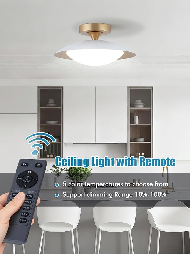 FTL Modern LED Semi Flush Mount Ceiling Light Fixture with Remote 5CCT 2700K-6500K Dimmable Mid Century White LED Ceiling Lights 11.8in Close to Ceiling Light Fixture for Kitchen Hallway Laundry Room