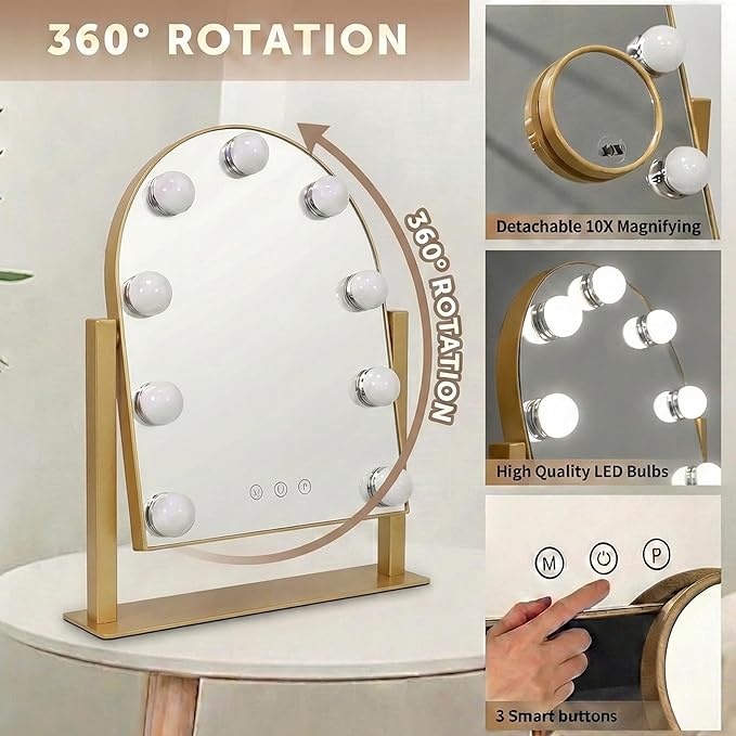 Arched Makeup Vanity Mirror with Lights 14.17"x 11.81" LED Makeup Mirror Detachable 10X Magnification, Hollywood Make Up Mirror with Lighting, Smart Touch, Rechargeable,360° Rotation, (Gold)