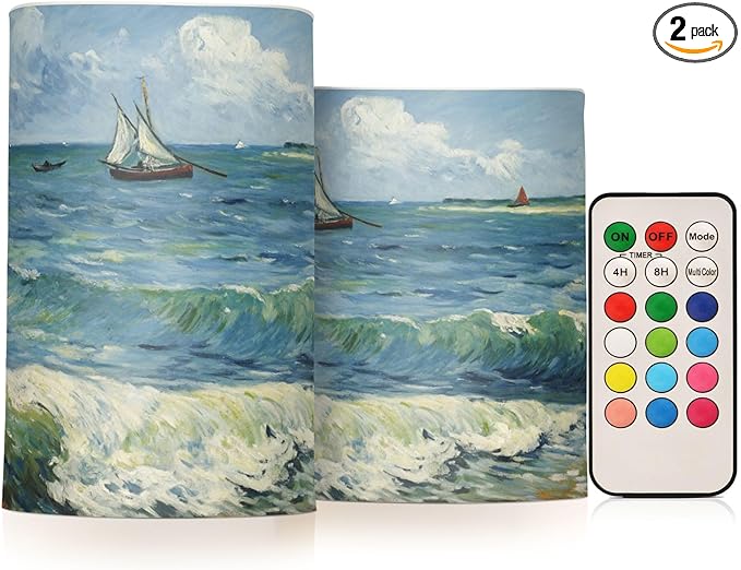 Van Gogh Sailboat Flameless Candles Color Changing LED Candles with Remote Control Battery Candles for Outdoor and Indoor Home and Room Decoration, 3'' x 4''/5'' Set of 2 Pieces