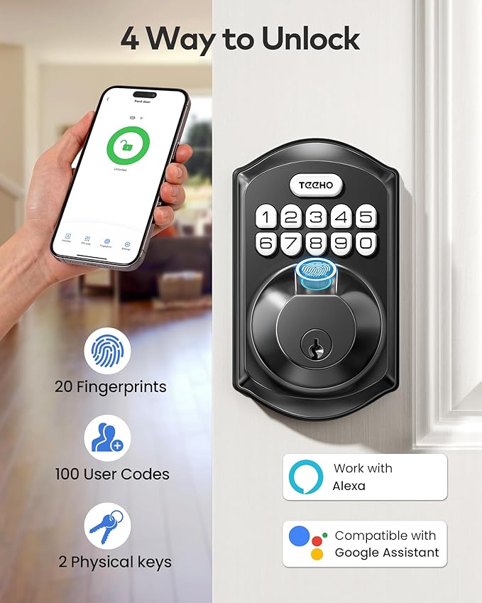 TEEHO TE012W WiFi Smart Lock, Fingerprint Door Lock with Built-in Wi-Fi, Keyless Entry Keypad Smart Deadbolt, App Remote Control, Alexa Compatible, IP55 Waterproof for Front Door – Matte Black