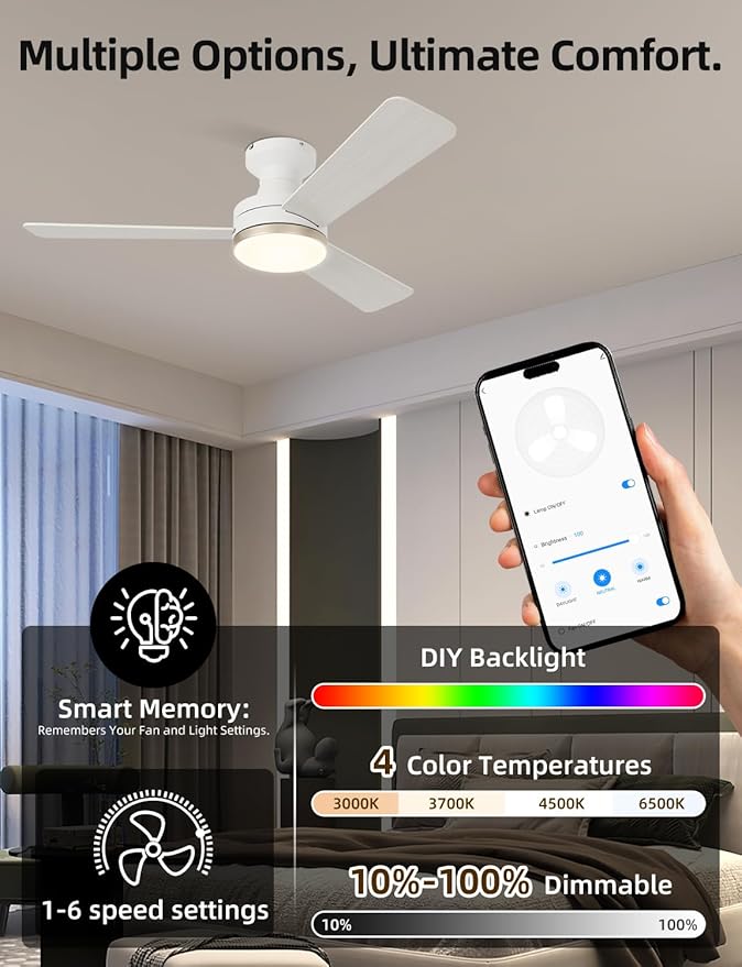 42 inch RGB Ceiling Fan with Light, Smart App & Remote Control Low Profile Flush Mount, Music Sync Lighting, 6-Speed Quiet Reversible DC Motor, 4CCT Dimmable for Home Office Party