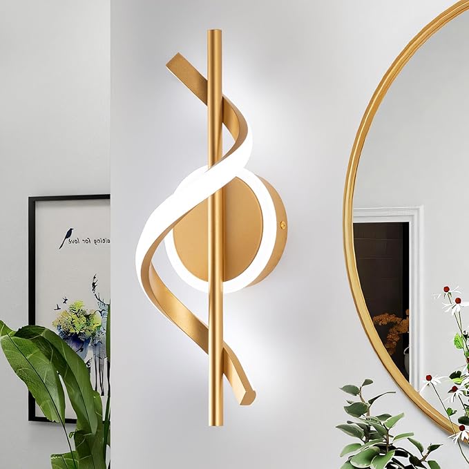 LED Wall Sconces Indoor, 12W LED Wall Mount Lights, Modern Spiral Wall Lamp, 6000K Cold Light Fixture for Stairs, Living Room, Bedroom, Aisle, Hallway (Cold White, Gold)