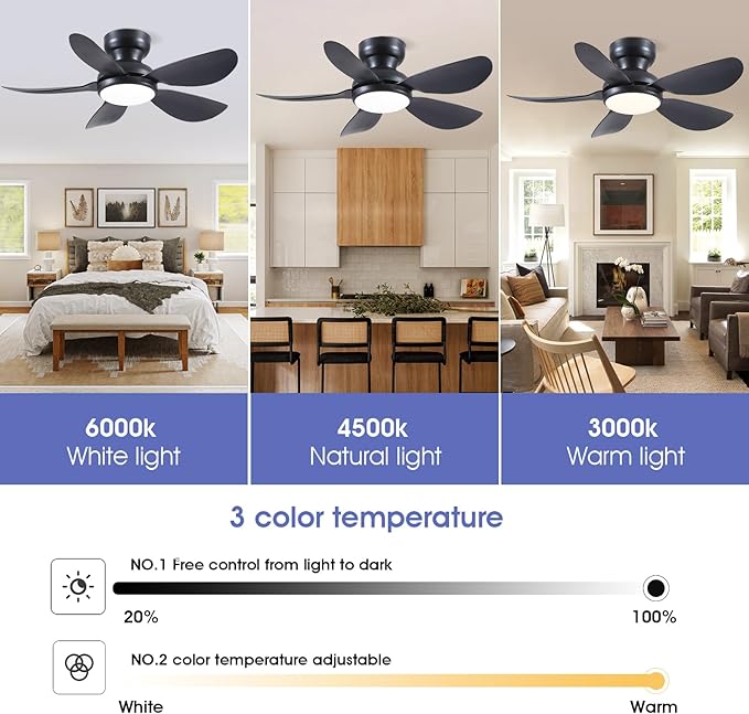 36 Inch Modern Ceiling Fans with Lights, Small Flush Mount Ceiling Fan, Remote/APP Control, 5 Reversible Curved Blades, 6 Speeds, 3 CCT Dimmable Lights for Kids Room Bedroom, Black