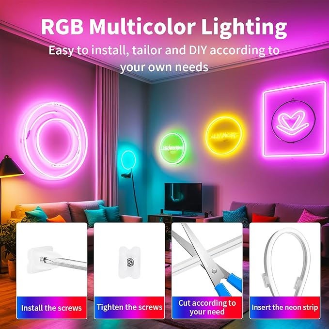 5M RGB Neon LED Strip Lights, 12V Easter Outdoor Neon Rope Lights with App/Remote Control, Color Changing, Valentines Cuttable Waterproof Light Kit for Bedroom TV Backlight Gaming Room Wall Bar Decor