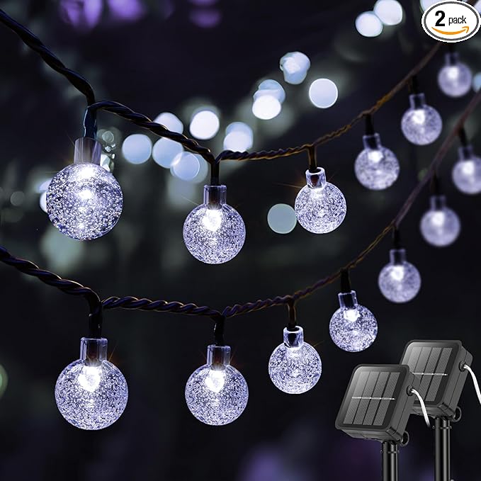 Metaku 2 Pack Solar String Lights for Outside, Total 72FT 120 LED Crystal Globe String Lights, Solar Powered Outdoor Lights with 8 Lighting Modes, Patio Light for Garden, Camping and Party Cool White