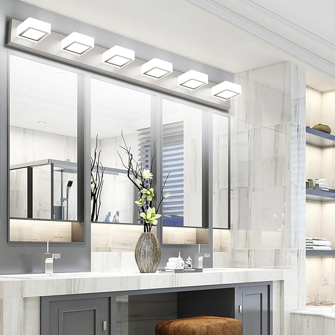 Ralbay Brushed Nickel Bathroom Vanity Lights 48inch Metal Acrylic LED Modern Bathroom Wall Lighting Fixtures Over Mirror Brushed Nickel (White Light 6000K, Non-dimmable)
