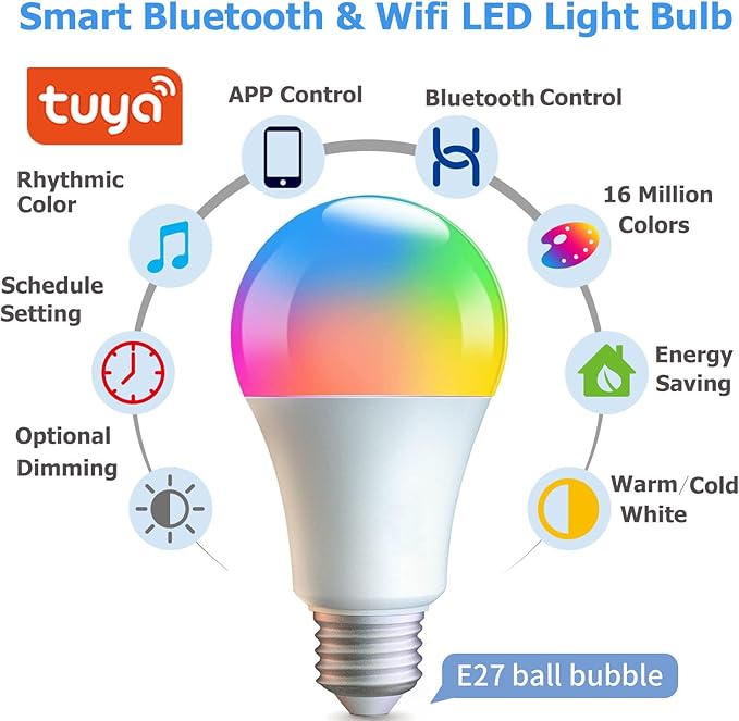 4 Pack Smart Light Bulbs,WiFi & Bluetooth LED Light Bulb That Works with Alexa & Google Home, Color Changing Light Bulb, 10W A19 E26 2.4Ghz WiFi Light Bulbs 60 watt Equivalent, 800lm Dimmable