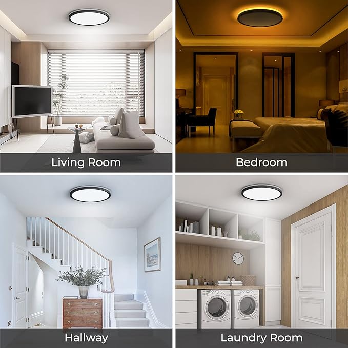 Matane 2Pack LED Flush Mount Ceiling Lights with Night Light, 12inch 24W Dimmable Ceiling Light Fixture 3000K/4000K/5000K Selectable, Black Flushmount Light for Bedroom, Kitchen, Laundry Room