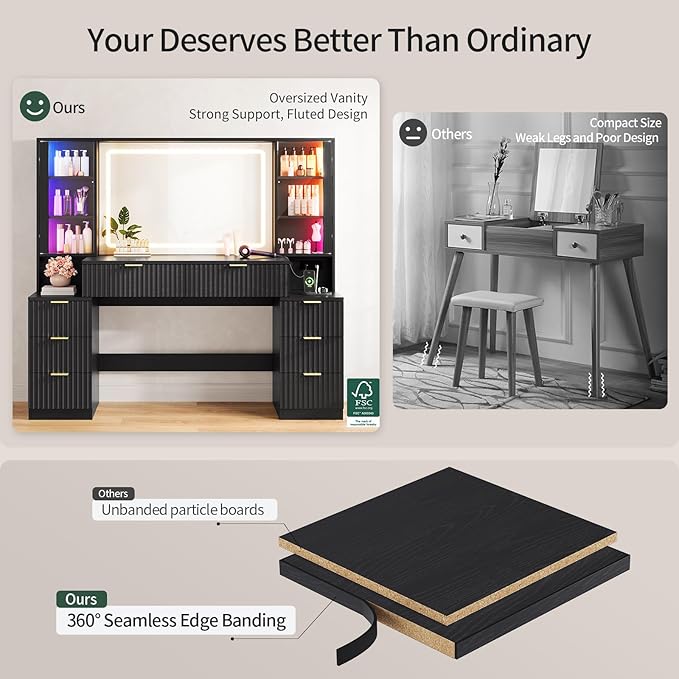 Big Vanity, 59.1" Fluted Wood Makeup Vanity Desk with Mirror and Sound Sync LED Lights, Large Vanity Dressing Table, 8 Drawers, 2 Glass Cabinets, with Charging Station for Girls, Women (Black)