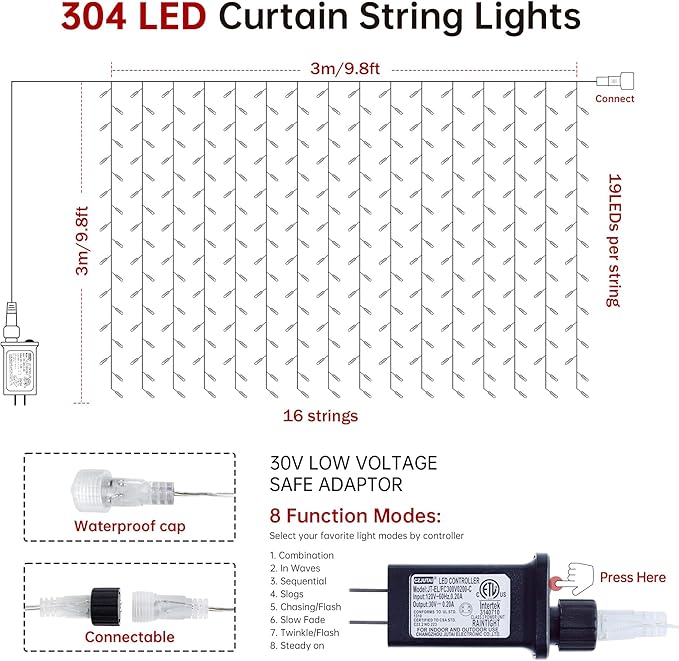 HEYFUNi 304 LED Curtain Lights Outdoor, 9.8Ft*9.8Ft Hanging String Lights Plug in with 8 Modes, Connectable Curtain Fairy Lights for Bedroom, Dorm, Christmas, Wall, Backdrop, Wedding Decor, White