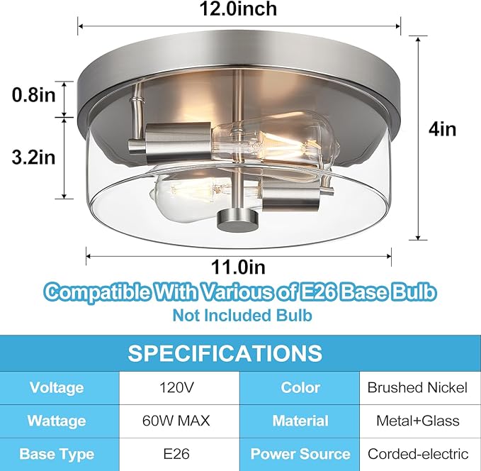Flush Mount Ceiling Light Fixtures, 2-Light 12 Inch Brushed Nickel Close to Ceiling Light Fixtures with Clear Glass Shade Ceiling Light Fixture for Porch, Hallway, Bathroom, Dining Room and