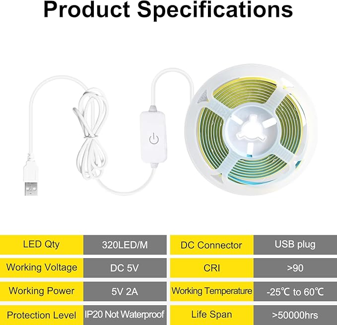 COB LED Strip Light, TV LED Backlight, 6.56ft USB Flexible, Cuttable, Dimmable with Tape Strip Lights Great for Cabinets, Closet, Bedroom, Kitchen, Shelves etc Warm White 2 Pack