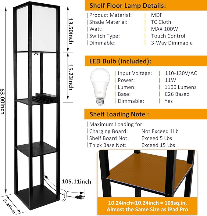 FOLKSMATE LED Shelf Floor Lamp with USB Charging Ports，Type C Port & Power Outlet, 3 Way Dimmable Touch Control Modern Standing Lamps with Shelves for Bedroom, Living Room