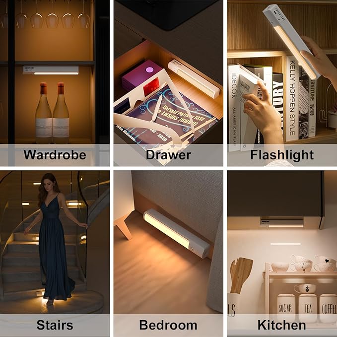 Under Cabinet Lighting Wireless, 4 Pack Magnetic Rechargeable LED Lights, 2 Working Modes, Equipped with a 2-in-1 Charging Cable, Dimmable Closet Light