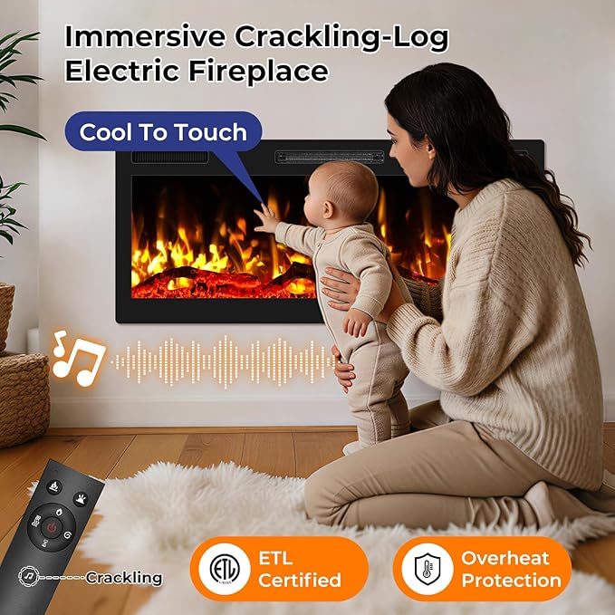 42" Smart WiFi Electric Fireplace with Sound Crackling Narrow Bezel Recessed and Wall Mounted Fireplace Heater with App, Remote Control, Log Flame Option, 750/1500W