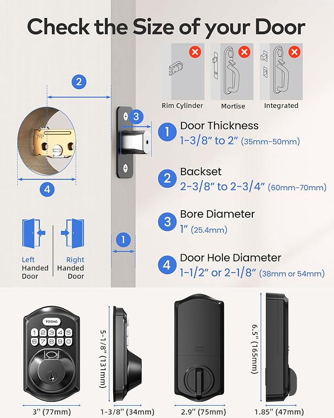 TEEHO TE012W WiFi Smart Lock, Fingerprint Door Lock with Built-in Wi-Fi, Keyless Entry Keypad Smart Deadbolt, App Remote Control, Alexa Compatible, IP55 Waterproof for Front Door – Matte Black