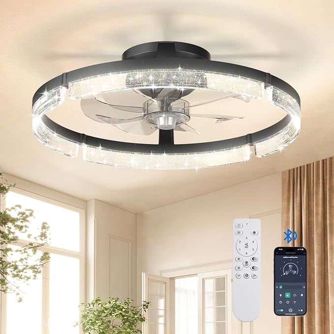 addlon Ceiling Fans with Lights and Remote, 20'' Low Profile Ceiling Fans, 3000-6000K Dimmable Modern Flush Mount LED Fan Light, Fandelier Ceiling Fan for Bedroom, Kitchen, Living Room, Black
