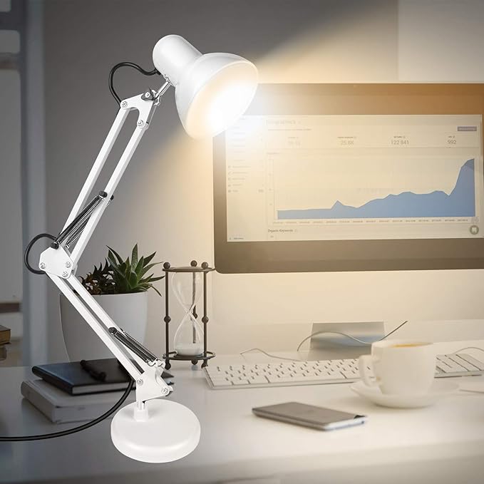 AmeriTop Metal Desk Lamp, Adjustable Swing Arm Table Lamp with Interchangeable Base Or Clamp; Eye-Caring Desk/Clip Reading Lamps for Bedroom, Study, Office (White)