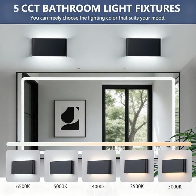Nigaut Modern LED Wall Sconce Light, 15W 3000k-6500k Adjustable Black Bathroom Vanity Light Fixtures for Hallway Bedroom Stairwell Up and Down Lights Indoor 2-Pack