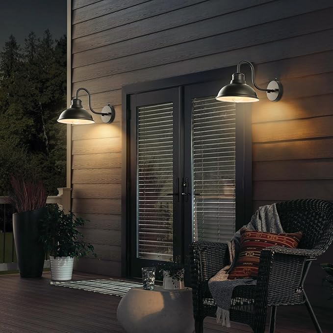 12" Outdoor Barn Gooseneck Light 2 Pack, Large Exterior Wall Sconce, Black Classic Farmhouse Industrial Wall-Mounted Barn Light Fixture for Garage/Porch/Patio