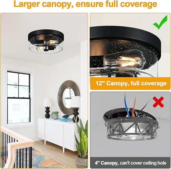 Black Flush Mount Ceiling Light Fixtures, 2-Light Ceiling Mount for Farmhouse with Seeded Glass Lampshade, Industrial Flush Mount Light Fixture Farmhouse for Hallway, Kitchen, Entryway and Foyer