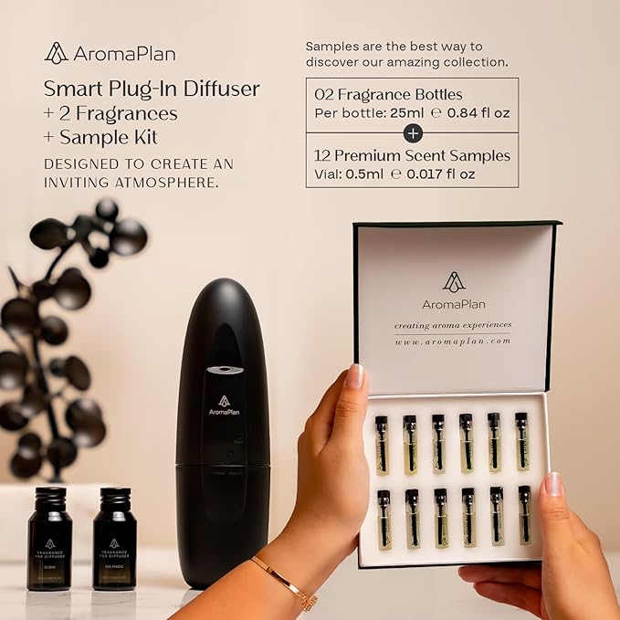AromaPlan 5 Star Collection Plug in Diffuser (Fragrances+Sample Set Included)-Cold Air & Waterless Diffusers for Home & Office- Silent Wall Diffuser Plug in, Bluetooth App Control, 1000 sq. Ft (Black)