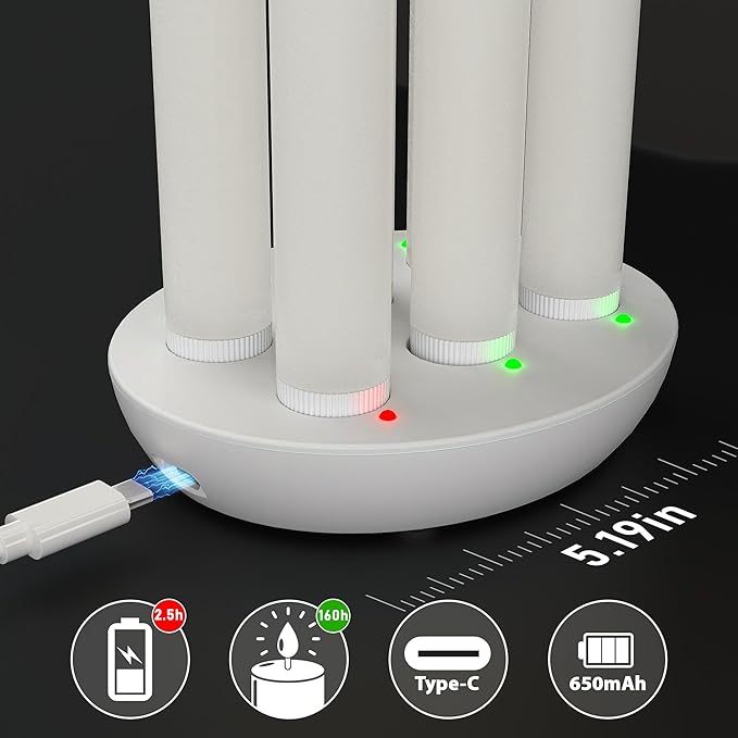 Patiphan Rechargeable Flameless Taper Candles with Charging Station, 6 Pcs Real Wax LED Taper Candles Flickering with Remote&Timer, 3D Flame Candlesticks for Home Wedding Christmas Decor (White)
