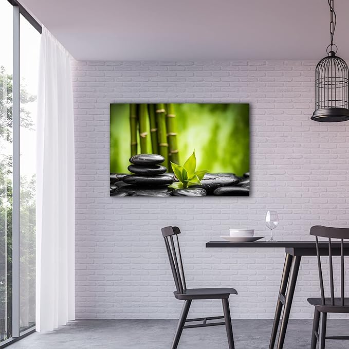 GUTTATY Zen Wall Art Decor, Modern Bathroom Zen Decor Wall Art, Relaxing Canvas Wall Art for Spa Zen Room Decor, Green Bamboo Forest and Pebble Art Prints for Office & Spa Wall Decor 24x36 Inches