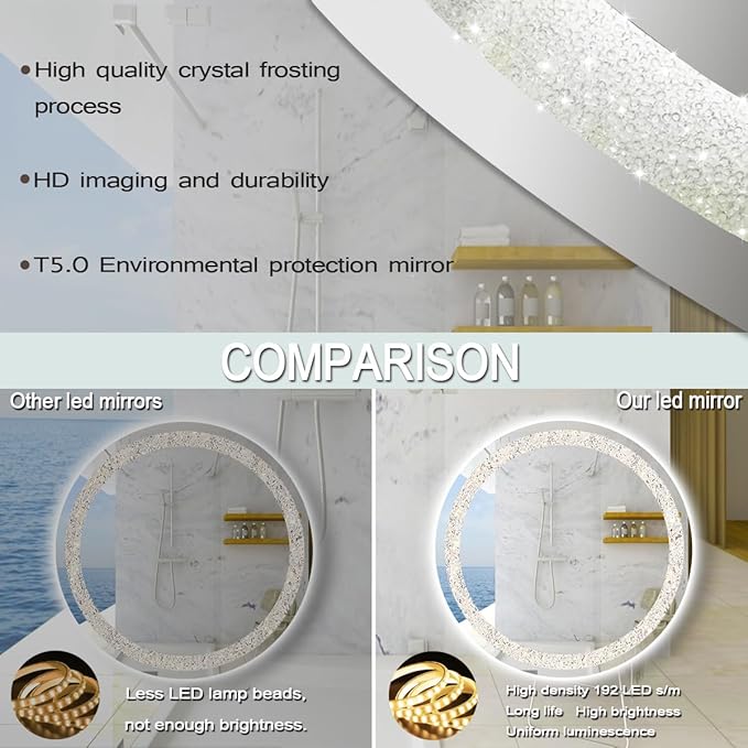 THEKLA 30 inch Crystal Round Lighted Mirror for Bathroom Makeup Wall Mounted Crystal Round Vanity Mirror with Lights Smart Memory 3 Color Dimmable AntiFog 30" Diamond Circle LED Light up Mirrors