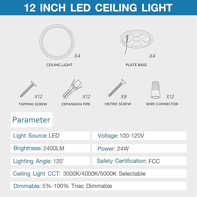 LED Flush Mount Ceiling Light Fixture 4 Pack, 24W 2400LM, 12-Inch Dimmable Low Profile Round Ceiling Light with 3 CCT (3000K/4000K/5000K), 5%-100% Dimming for Bedroom, Living Room & Hallway, White
