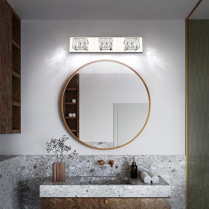 ZUZITO Chrome Bathroom Light Fixtures - Crystal 3 Lights Modern Bathroom Vanity Light - 18 Watt Dimmable LED Vanity Lights for Small Bath