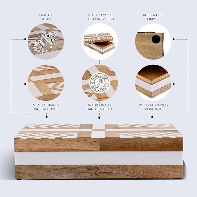 Handicrafts Home White Decorative Storage Box with Lid Wood Remote Control Box Coffee Table Storage Box Remote Holder for Living Room Decor – Resin Inlay Patisserie Adorn Collection- 8x5x2