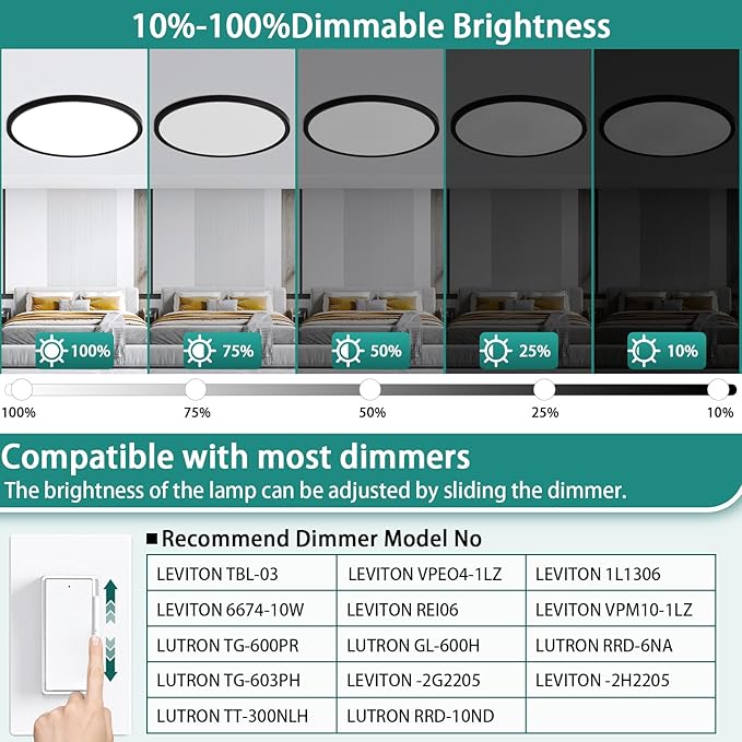 24 Inch LED Flush Mount Ceiling Light Fixture,Dimmable Ultra Thin Low Profile,48W 4800 Lumens,3 CCT Color Selectable,Modern Round Black Ceiling Light for Living Room,Bedroom,Kitchen,Office