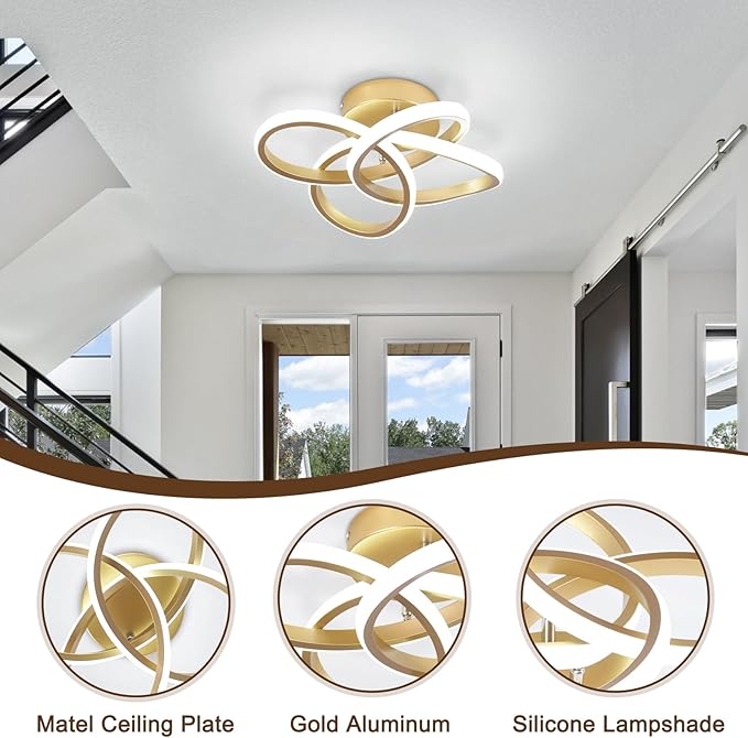 CANEOE Gold Led Hallway Light, 6000K Modern Led Ceiling Light Fixture, Small Close to Ceiling Lamp for Hallway Corridor Closet Bedroom Bathroom Kitchen Stair Curved Design