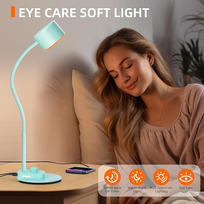 Desk Lamp, Fully Dimmable Bedside Reading Lamp with USB C + A Charging Ports, 5 Colors, Simple to Operate, Eye Care Metal Table Lamp Efficient Desk Lamps for Home Office College Dorm Room
