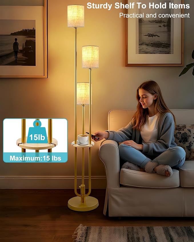 Lightdot Dimmable Floor Lamp for Living Room 3-Light Modern Floor Lamps with Table&Linen Beige Shade 3000K Warmwhite Gold Standing Lamp for Bedroom/Sofa Beside/Corner Decor (Bulbs Included)