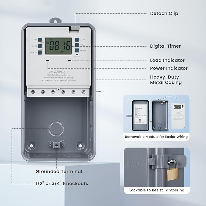 Suraielec Pool Timer, 7-Day 24-Hour Digital Pool Pump Timer, 40 AMP Heavy Duty, 120/240/277 VAC, Outdoor Metal Casing, Electric Switch Box for Swimming Pump, Hot Water Heater, Spa, Lights