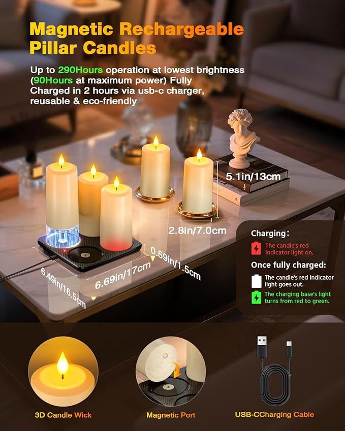 Yme Rechargeable Flameless Pillar Candles with Remote & Magnetic Charging Base,4PCS Waterproof Battery Operated LED Fake Candles Flickering with Timer for Indoor Outdoor Lantern Patio Yard Home Decor
