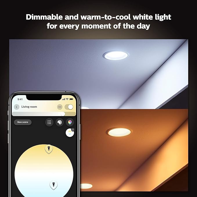 Philips Hue Smart Retrofit Recessed Lighting 4 inch - White Ambiance Warm-to-Cool White Light - 1 Pack - 850LM - Indoor - Control with Hue App - Works with Alexa, Google Assistant and Apple Homekit
